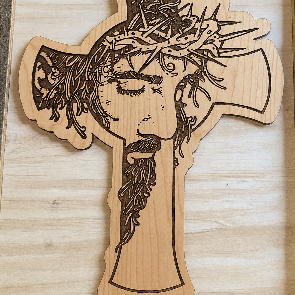 The Crowned Savior – Pyrography Wooden Cross 45cm*20cm