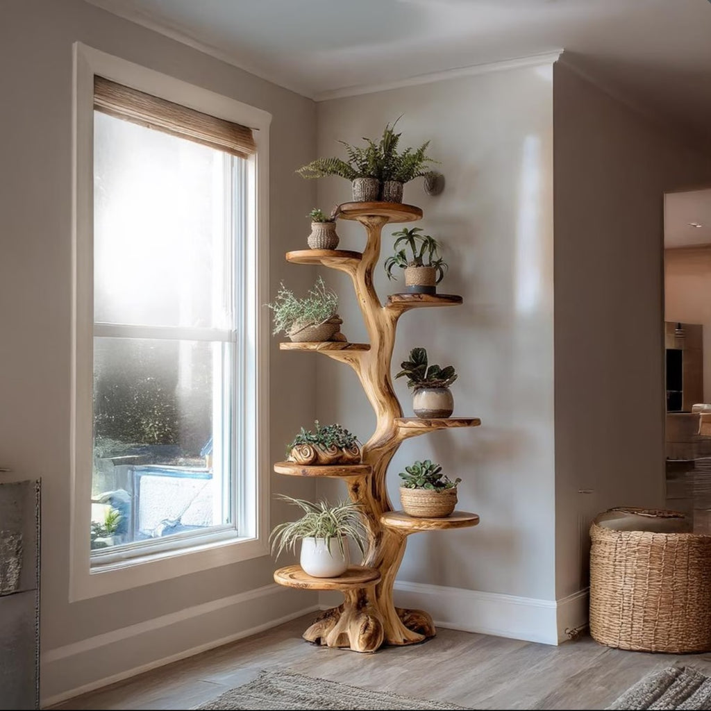 Natural Wooden Tree-Shaped Plant Stand