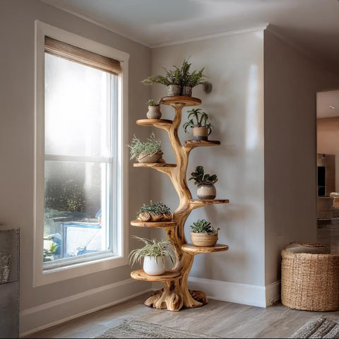 Natural Wooden Tree-Shaped Plant Stand
