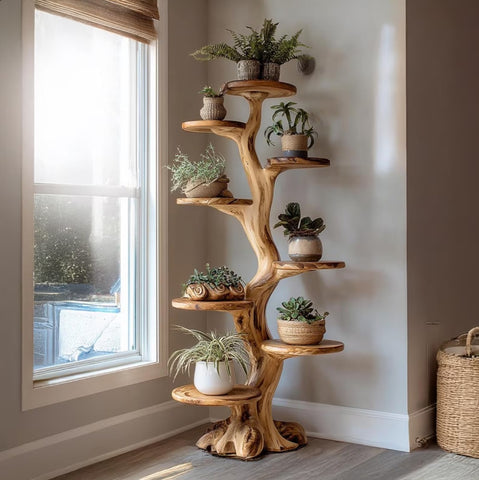 Natural Wooden Tree-Shaped Plant Stand